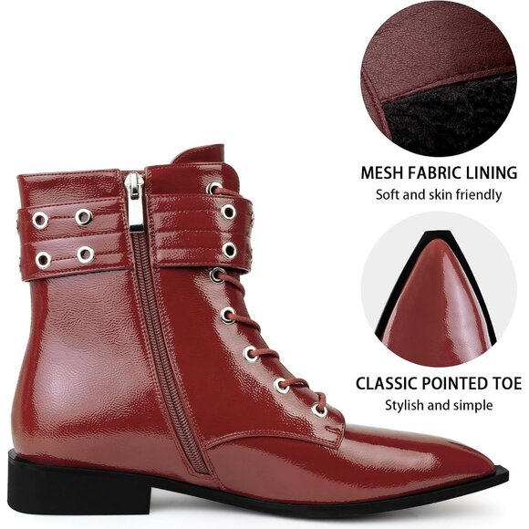 ⚡Women's Red Halloween Ankle Boots Gothic Pointed Toe Chunky Heel Boots Buckles - Picture 4 of 6